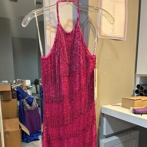 Rachel Allan 40177 Short Beaded Flapper Fuchsia Dress